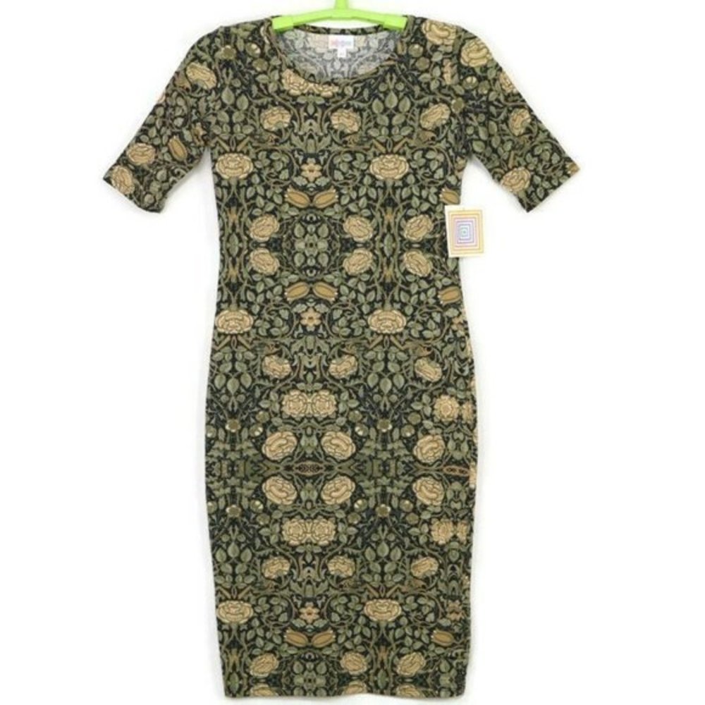 LuLaRoe Julia Sheath Pencil Dress Green Black Beige Rose Floral Stretch XS‎